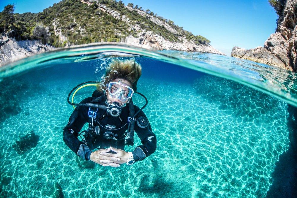 a woman under water